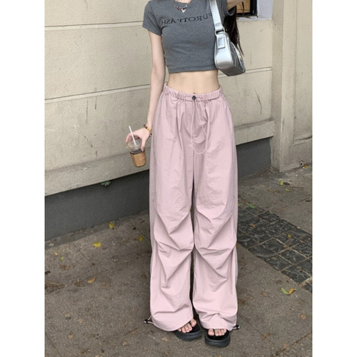 Dopamine Purple Drawstring Design Workwear Pants for Girls Summer Quick-Dry Sports Casual Straight Leg Loose Wide Leg Pants