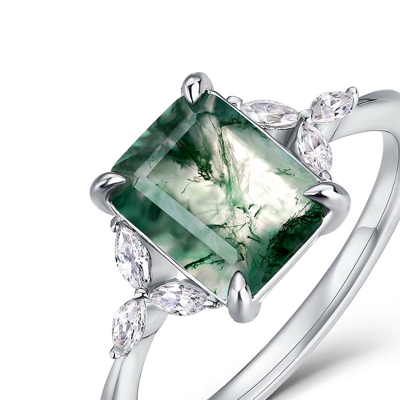 Anillo de ágata de hierba de agua natural geométrica transfronteriza europea y americana S925 Anillo de dedo de musgo verde plateado Personalización simple y atmosférica