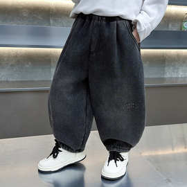 男童加绒裤子秋冬装儿童加厚牛仔裤2025新款宝宝冬季一体绒弯刀裤