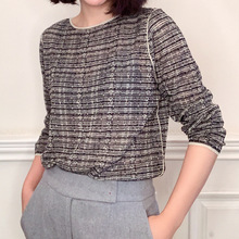 春夏季新款桑蚕丝毛衣女圆领别致撞色格纹宽松针织衫减龄上衣定制