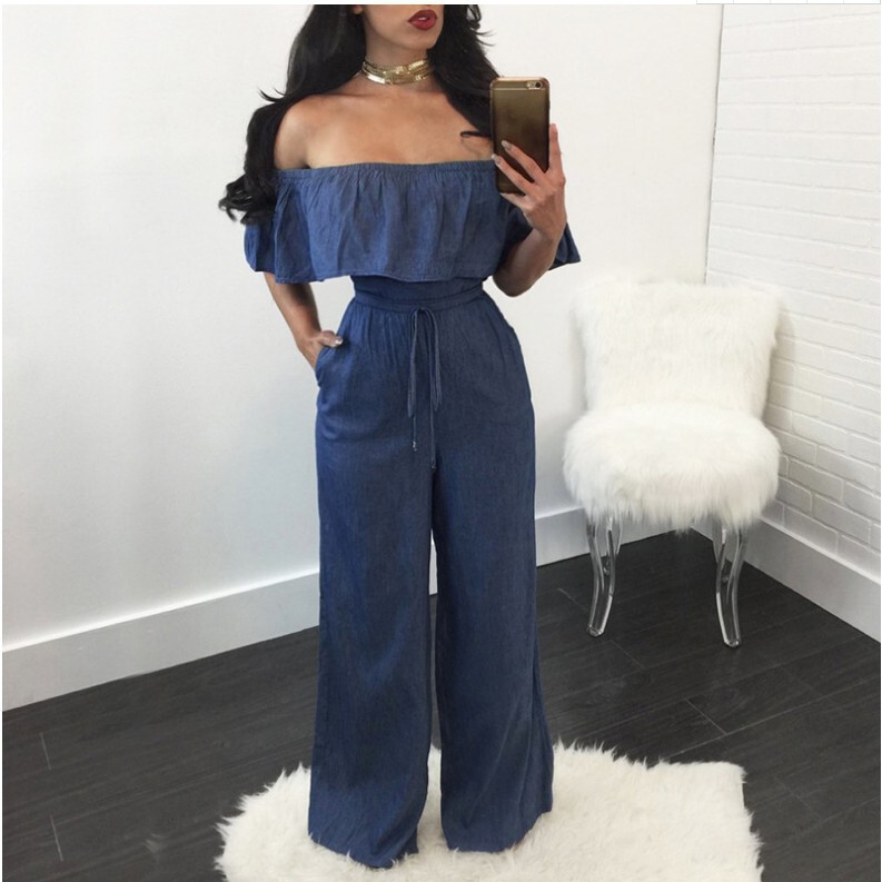 2026 Casual Women's Wide-Leg Ruffled Jumpsuit European and American Sexy Sleeveless Lace-Up Denim Jumpsuit