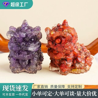 天然水晶碎石滴胶醒狮景区文创工艺品家居玄关桌面装饰品水晶摆件