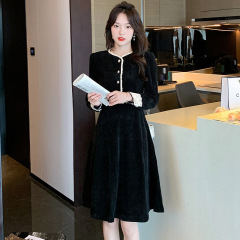 长袖圆领连衣裙女2025秋季新款气质女装显瘦拼接法式灯芯绒中长裙