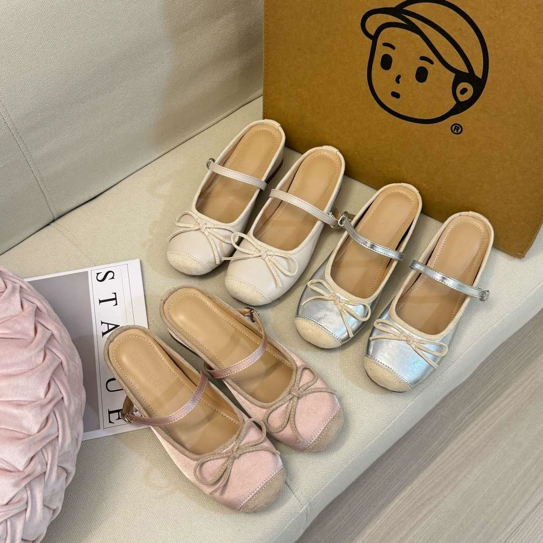 Внутреннее увеличение 5CM плоское дно небольшой ароматный ветер с половиной тапочек женщины 2025 новый стиль с бантом