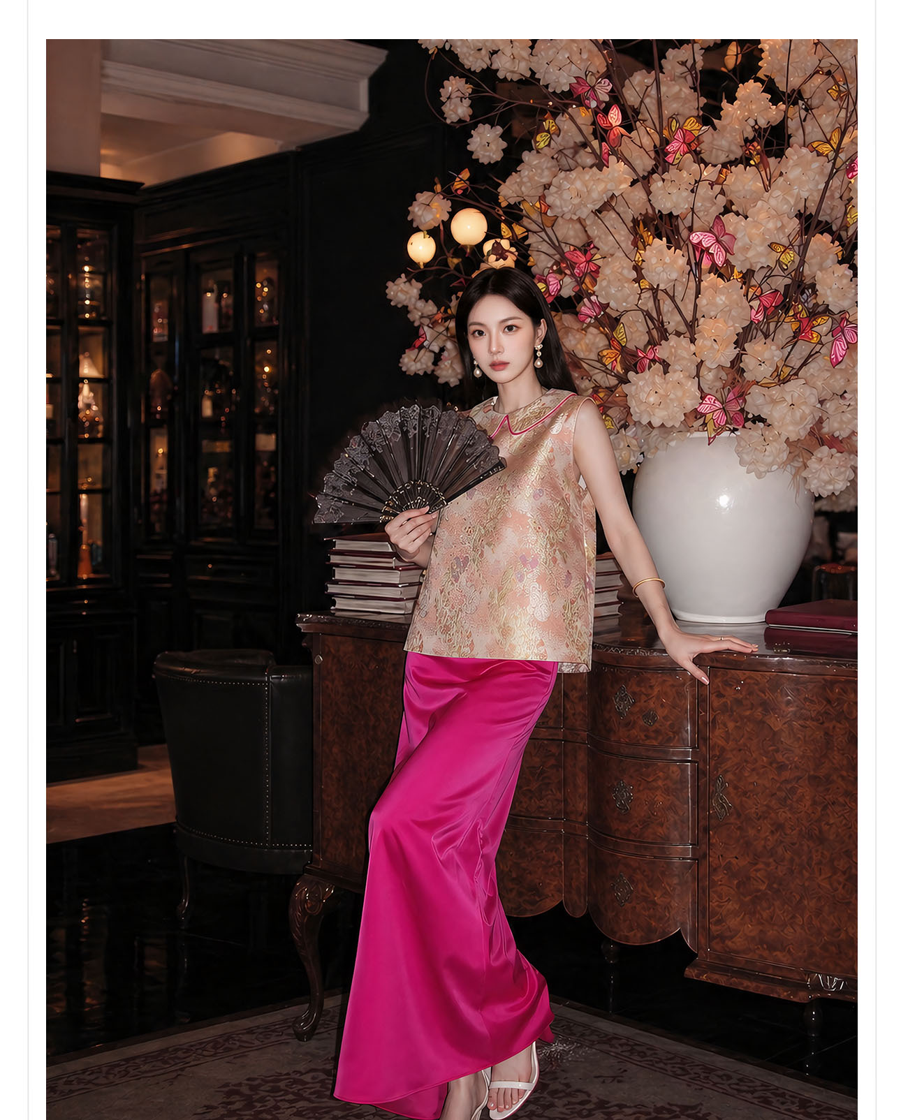 Bộ áo gile + chân váy nữ phong cách Trung Hoa mới, chất liệu jacquard cao cấp, form thắt eo thanh lịch — Áo khoác Carmine, Trang phục [Áo khoác màu hồng+váy đỏ], Màu đỏ nửa váy chi tiết 4