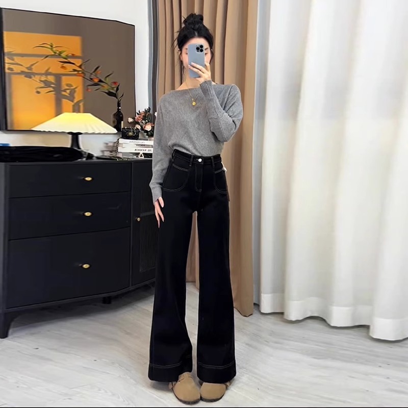 微喇牛仔裤女2025秋季新款大码胖mm设计感窄版显瘦直筒阔腿裤子|undefined
