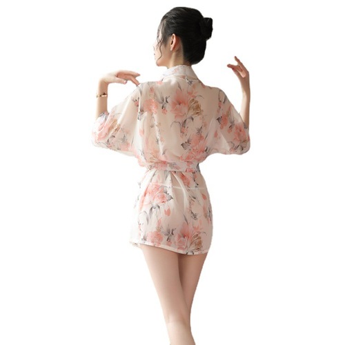 Sexy lingerie, sexy pajamas, tempting Japanese chiffon printed cardigan, kimono, see-through nightgown set 8145