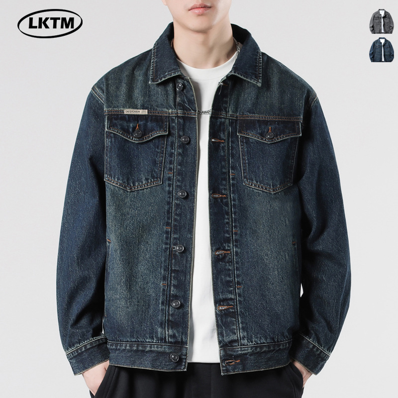LKTM男装#美式复古做旧翻领工装夹克男痞帅百搭宽松休闲牛仔外套