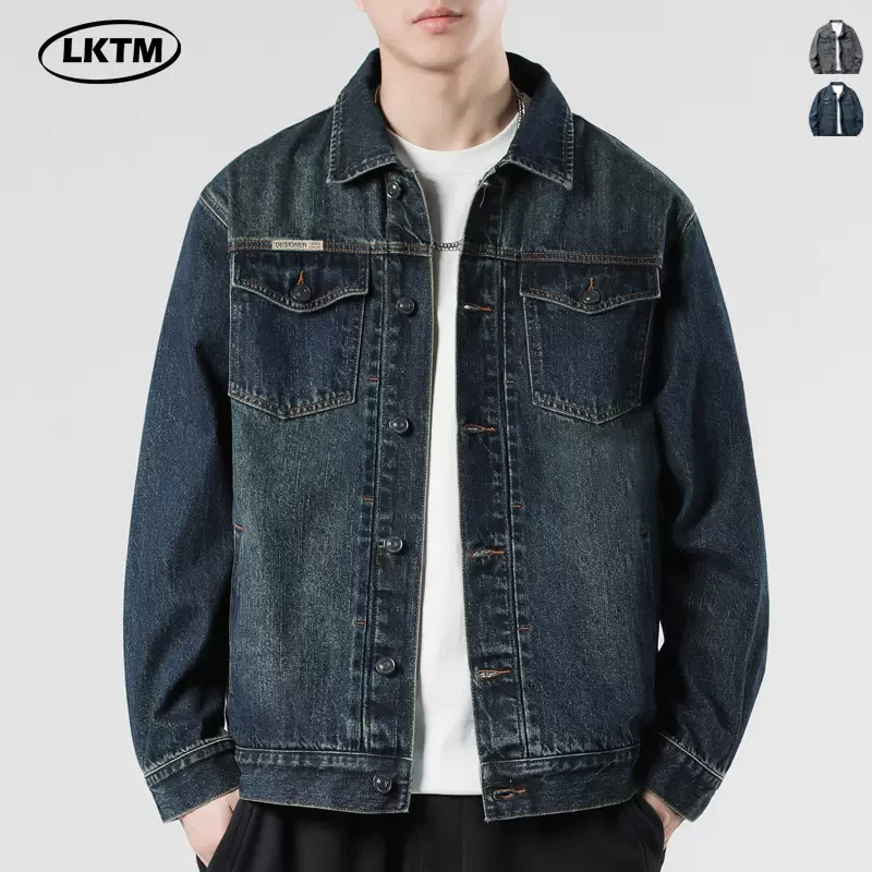 LKTM男装#美式复古做旧翻领工装夹克男痞帅百搭宽松休闲牛仔外套