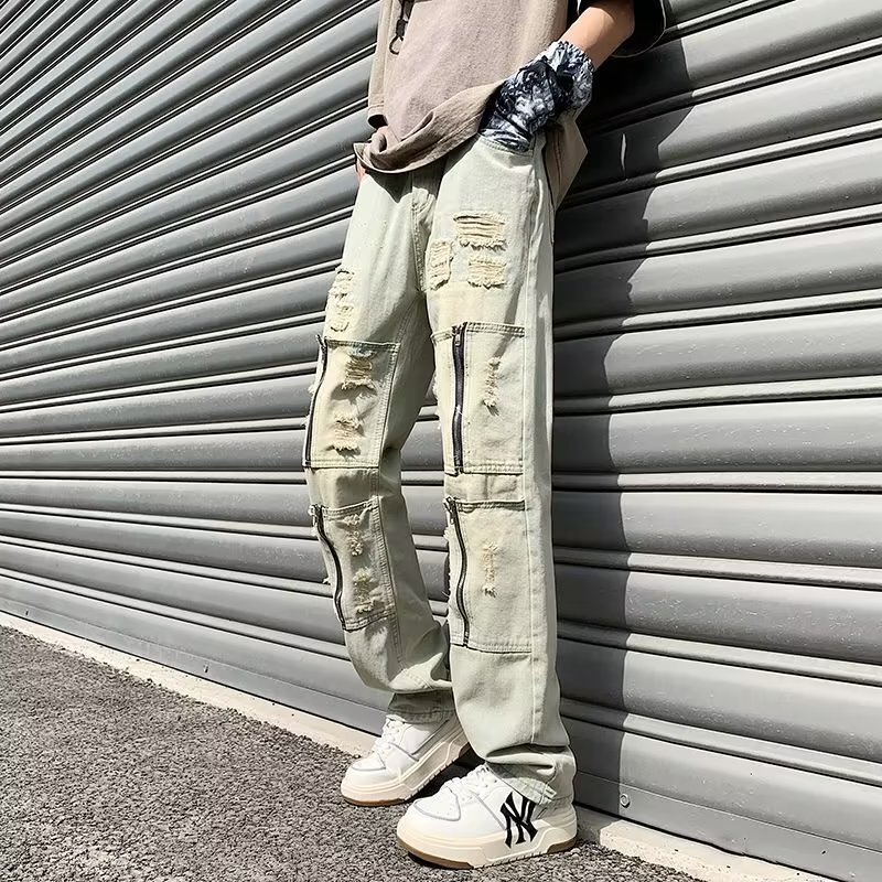 2026 Spring/Summer Ripped Jeans for Men, American Style Trendy Brand Street Pants, Niche Design, Loose Straight Wide-Leg Pants