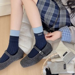 ins韩系拼接袜口小布标中筒袜女简约学院风少女百搭撞色堆堆袜