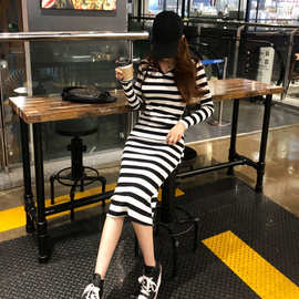 春夏季新款黑白条纹长款过膝卫衣连衣裙修身连帽显瘦包臀长裙