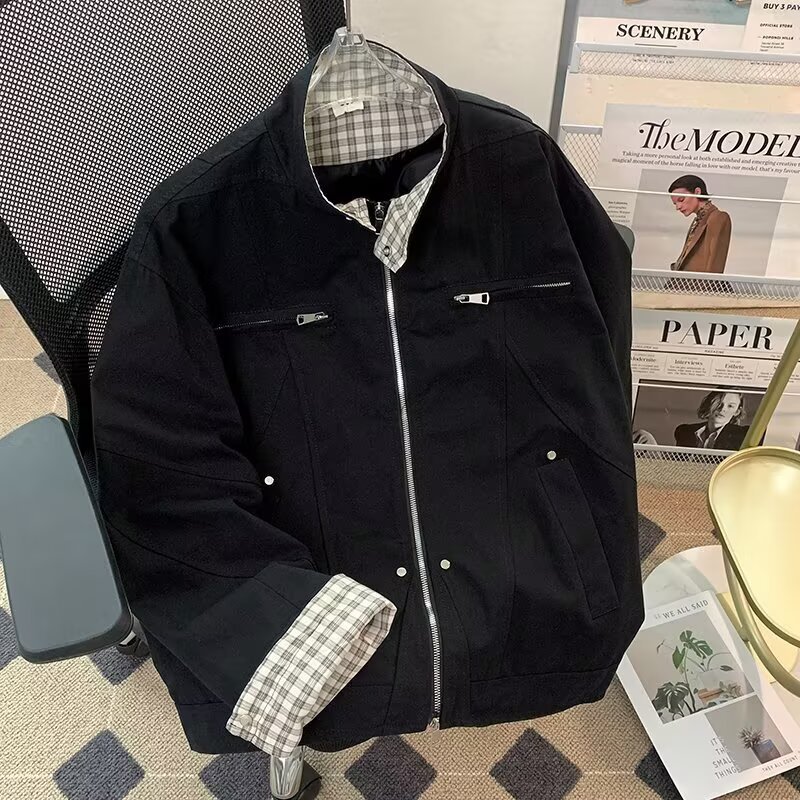 Checkered Patchwork Jacket For Men, Trendy Loose Baseball Jersey, Lapel Workwear Jacket_voghion.com