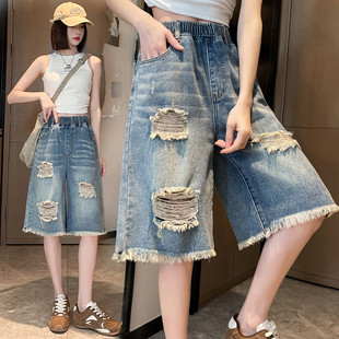 [Can Be Worn in 40-100kg]: Ripped Denim Shorts for Women, Wide-Legged, Loose, Tight, High-Waisted, Student Plus Size, Fat mm