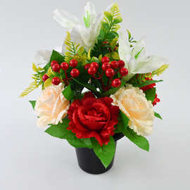 新款玫瑰盆栽跨境爆款绢花假花摆放客厅装饰花卉婚庆花百合花批发