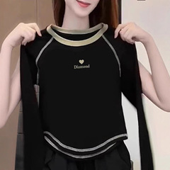 含棉打底衫女2025新款秋冬圆弧形不规则内搭长袖T恤短款别致上衣