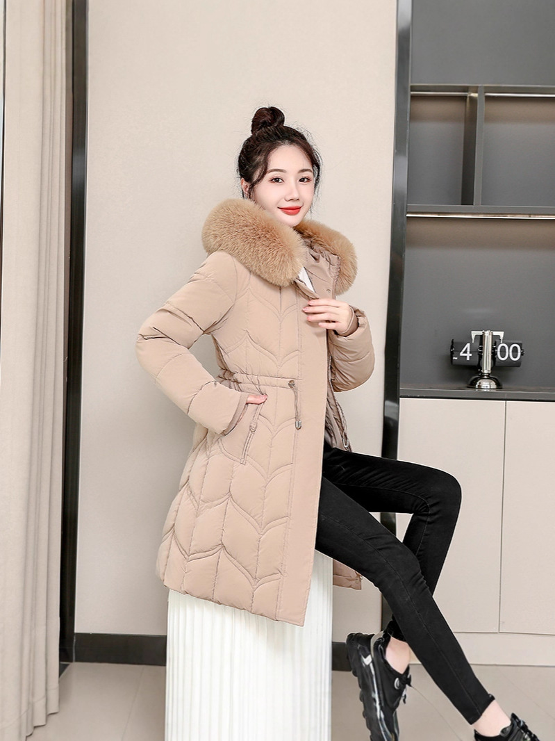2025 nueva moda de invierno de mujer cintura retraída cuello de cabello espeso exterior abrigo de algodón caliente