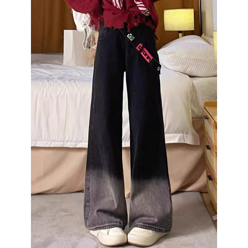 Plus Size Fat mm Side Zipper Design Gradient Jeans Women's Spring & Fall High Waist Straight Loose Wide Leg Long Pants