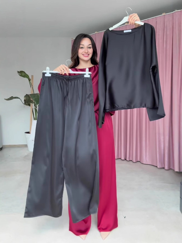 欧美亚马逊跨境外贸2025秋季新款圆领长袖缎面休闲长裤宽松套装女|undefined