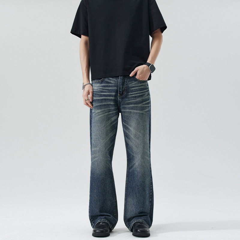 Ykk Whisker-Patterned Washed Trendy Flared Jeans for Men, Loose Fit, Slimming, Stylish, Everyday Fashion, Versatile Wide-Leg Pants