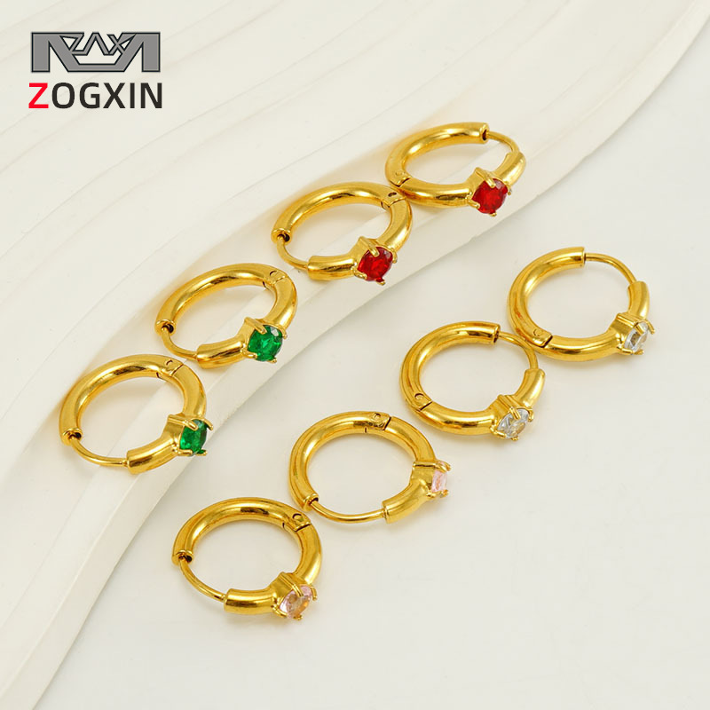 Europeo y americano INS estilo neto rojo mismo estilo pendientes de acero inoxidable hembra 18K oro plateado oreja hebilla incrustaciones color ZIRCON hembra