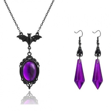 Gothic Bat Pendant Necklace and Earrings Set European and American Dark Style Purple Crystal Jewelry for Women
