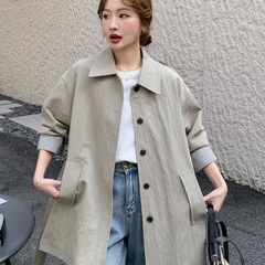 美式夹克小个子条纹感翻领工装2025新款风衣外套女春秋拼接