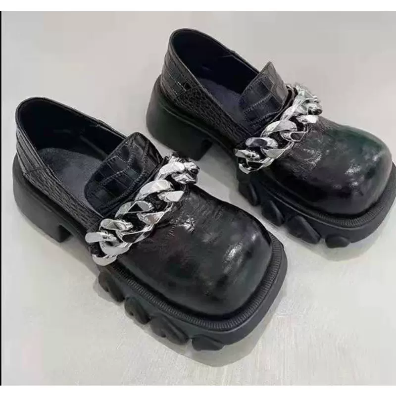 小皮鞋女2025年春秋季新款链条鳄纹学院风玛丽珍龙齿厚底乐福单鞋
