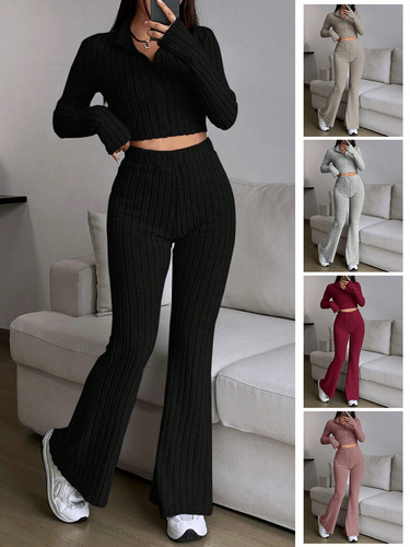 Fashion Pure Color Ribbed Two-Piece Set: Zipper Long-Sleeve Short Top and High-Waist Bell Bottom Pants Set for Women Casual