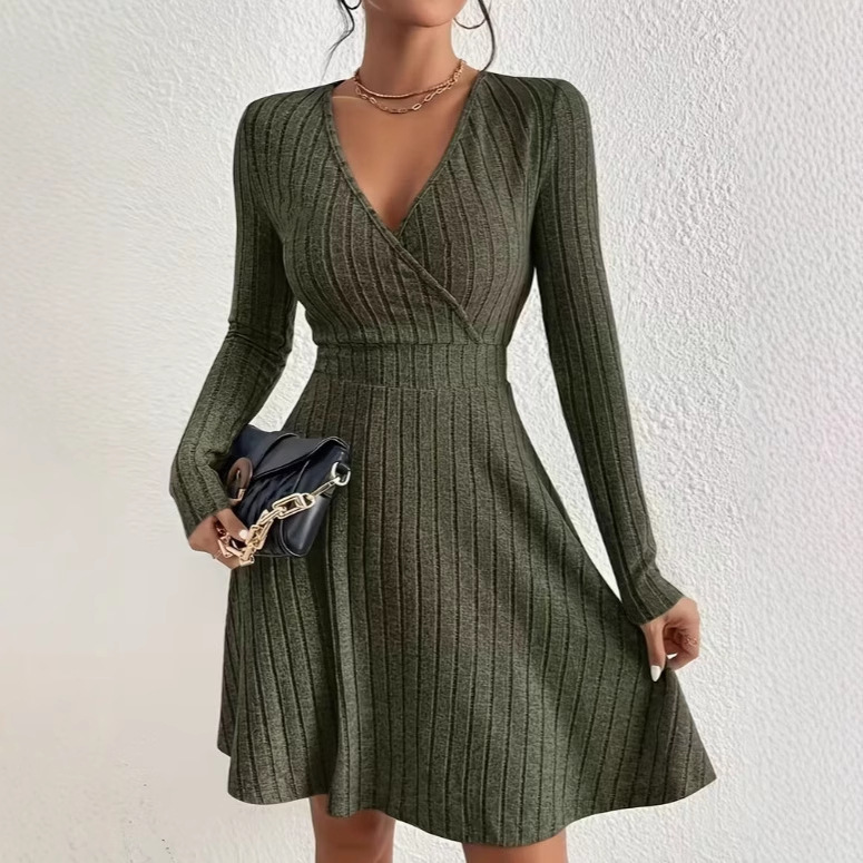 In-Stock 2026 European and American Hot-Selling Amazon Independent Site Solid Color V-Neck Waist-Cinching Dress Elegant Long-Sleeve Knit New Arrival In-Stock 2026 European and American Hot-Selling Amazon Independent Site Solid Color V-Neck Waist-Cinching Dress Elegant Long-Sleeve Knit New Arrival