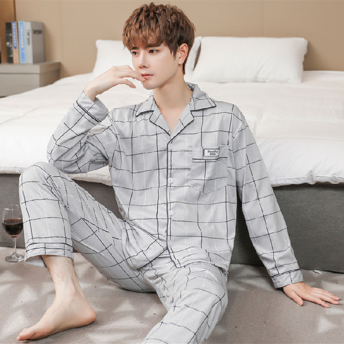 Transmisión en vivo de nuevos pijamas de hombre primavera y otoño de tamaño grande casero ocio relajado dos piezas de ropa de casa para hombres micro comercio