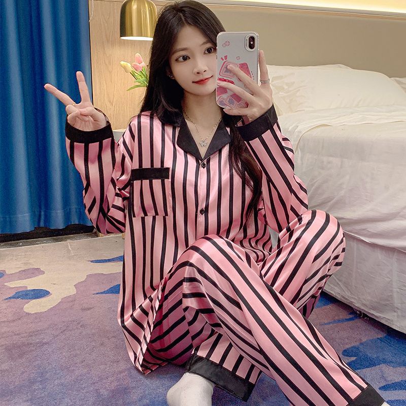 Pijamas al por mayor transfronterizos de mujeres pantalones de manga larga primavera y otoño seda de hielo nuevo encaje de otoño ropa casera casual