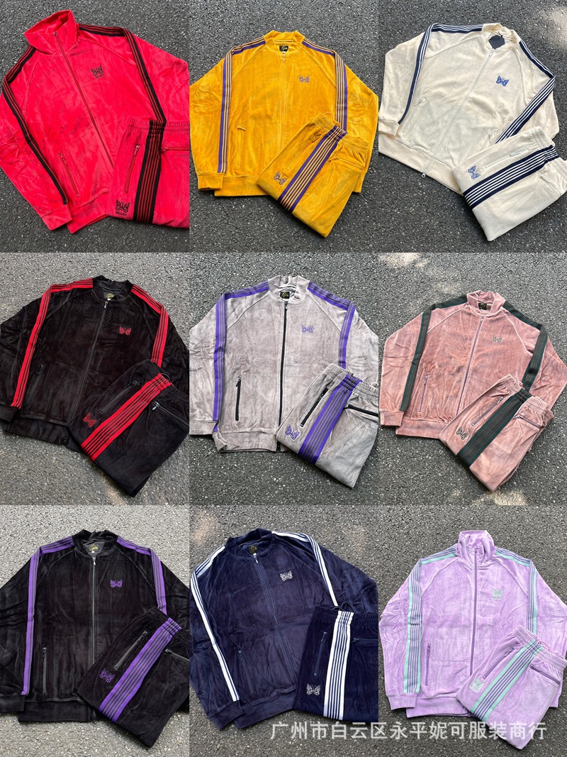 Needles tracksuits蝶ベルベットカーディガンレトロリボンジッパージャケットロングパンツスポーツスーツ