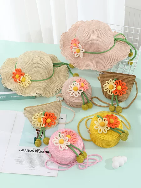 Summer Seaside Beach Woven Straw Bag for Women 2025 New Kidsren's Straw Hat Pastoral Style Cute Flower Crossbody Bag