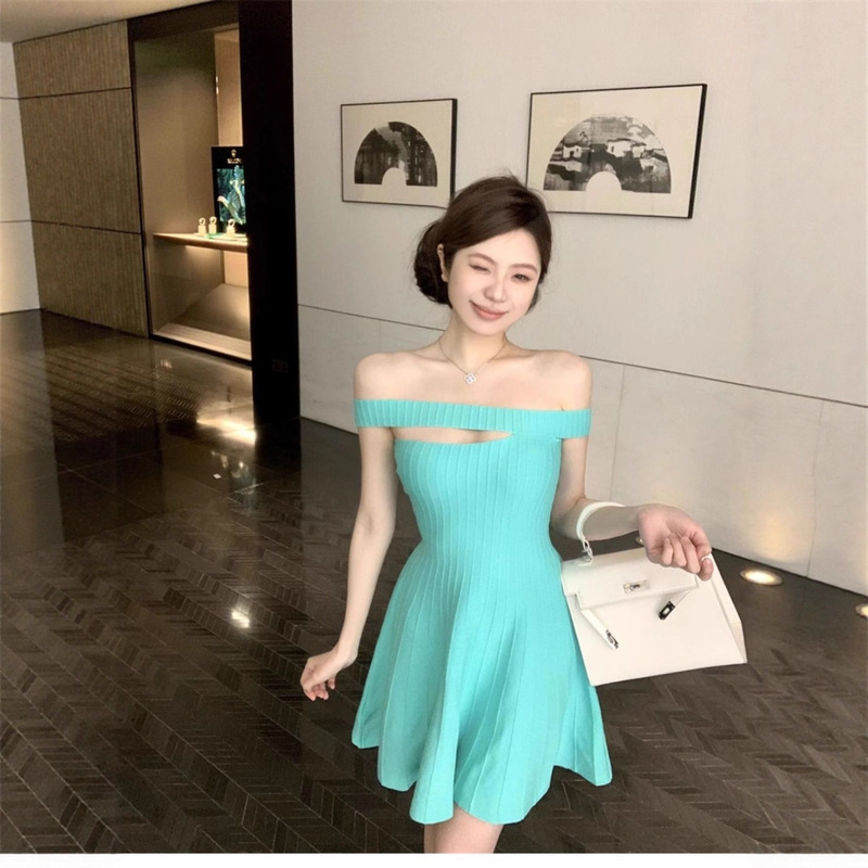 New Design Slanted Collar/Half Suspender Two-Wear Knitted Dress Slimming Fairy Skirt