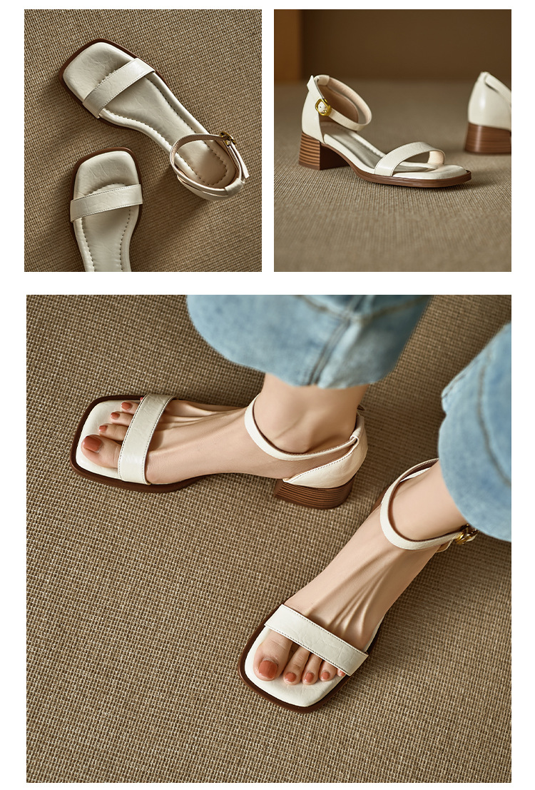 Sandal quai ngang nữ gót thô da thật kiểu Pháp, đế mềm hở ngón — Màu đen, Màu trắng be chi tiết 9