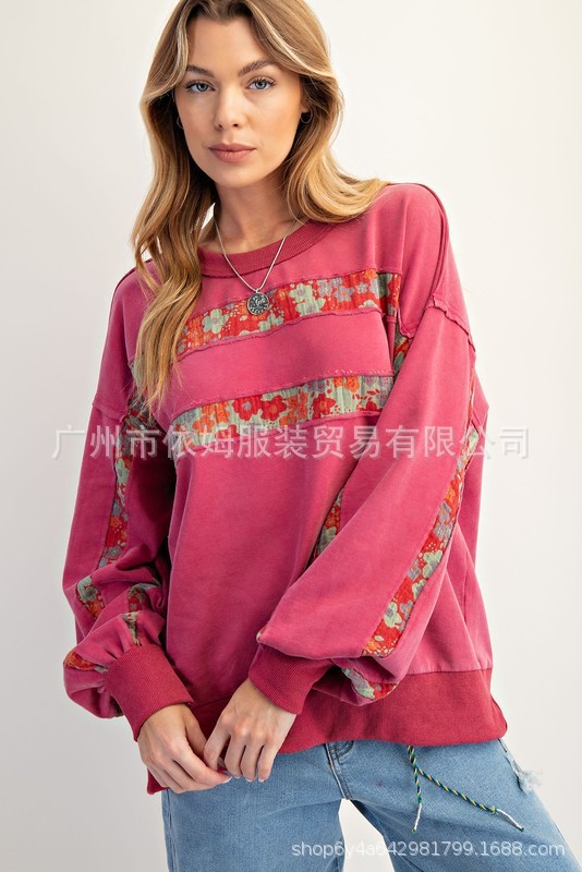 亚马逊25秋季新款跨境欧美女装印花拼接圆领套头卫衣休闲上衣女|undefined