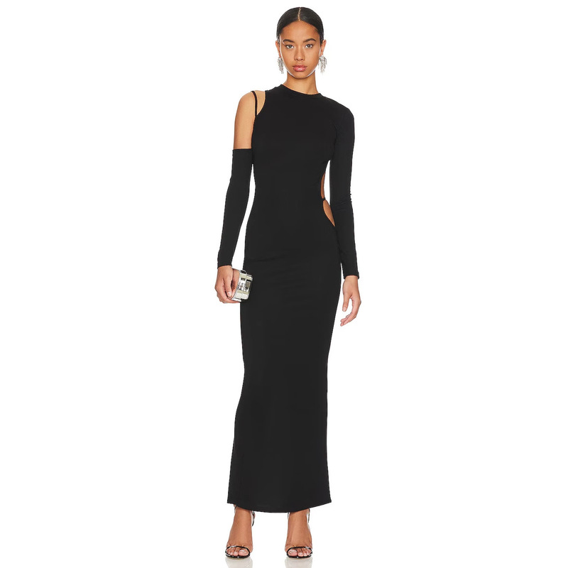 Unique style black bodycon evening dress with high collar, separate sleeves, deep back cutout, side cutout, and floor-length design for parties