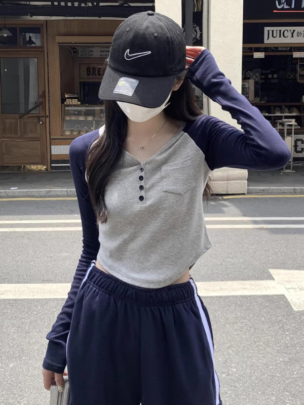 韩系小个子v领长袖T恤女装秋季新款撞色插肩修身内搭正肩短款上衣|undefined