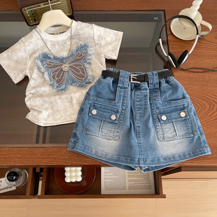 2025 New Summer Korean Style Girls Denim Butterfly Patch Short-Sleeved T-Shirt + Denim Skirt Pants Two-Piece Suit
