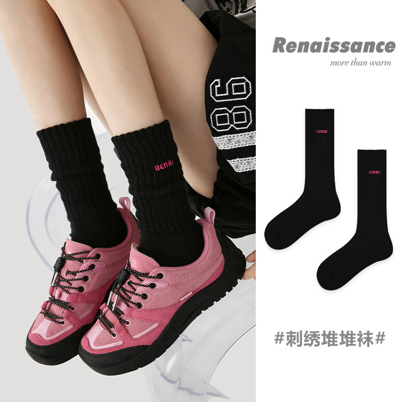 Renaissance秋冬新款中筒袜刺绣百搭无骨堆堆袜学院风ins潮袜子女|undefined