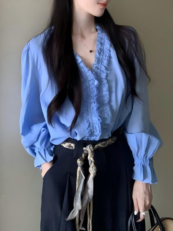 法式蓝色木耳边长袖衬衫女秋季新款高级感宽松显瘦喇叭袖上衣|undefined