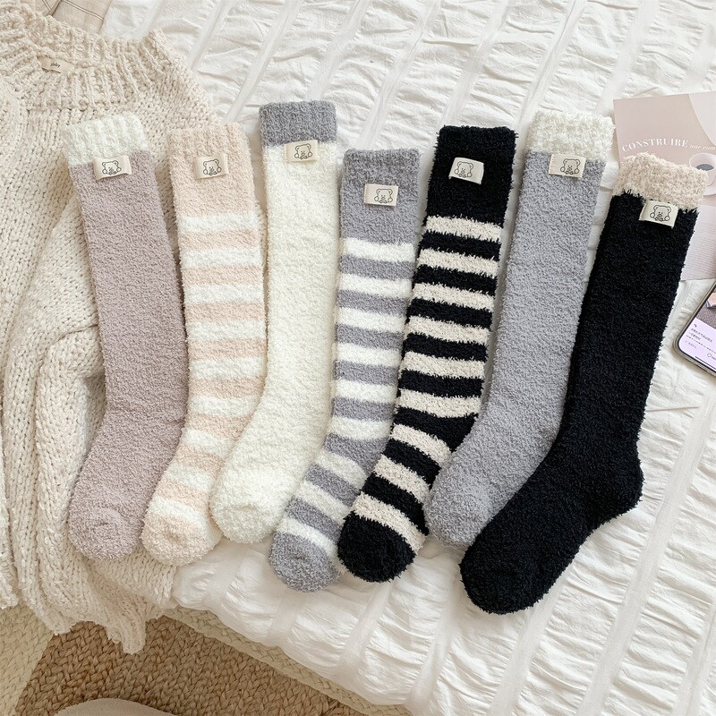 Autumn and Winter Thickened Coral Fleece Women's Striped Fabric Label Slouch Socks with Extra Fleece for Thermal Retention and Warmth, Sleep Socks, Plush Socks Autumn and Winter Thickened Coral Fleece Women's Striped Fabric Label Slouch Socks with Extra Fleece for Thermal Retention and Warmth, Sleep Socks, Plush Socks