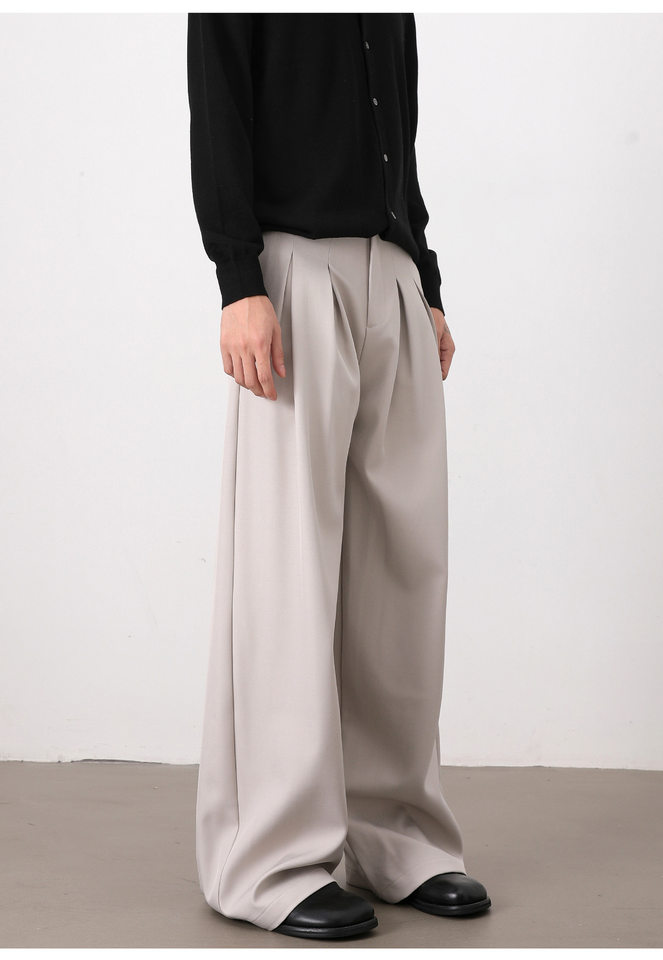 Quần tây nam casual dáng rộng ống suông xếp ly đôi chữ A vải rủ — Màu xám nhạt, màu đen chi tiết 14