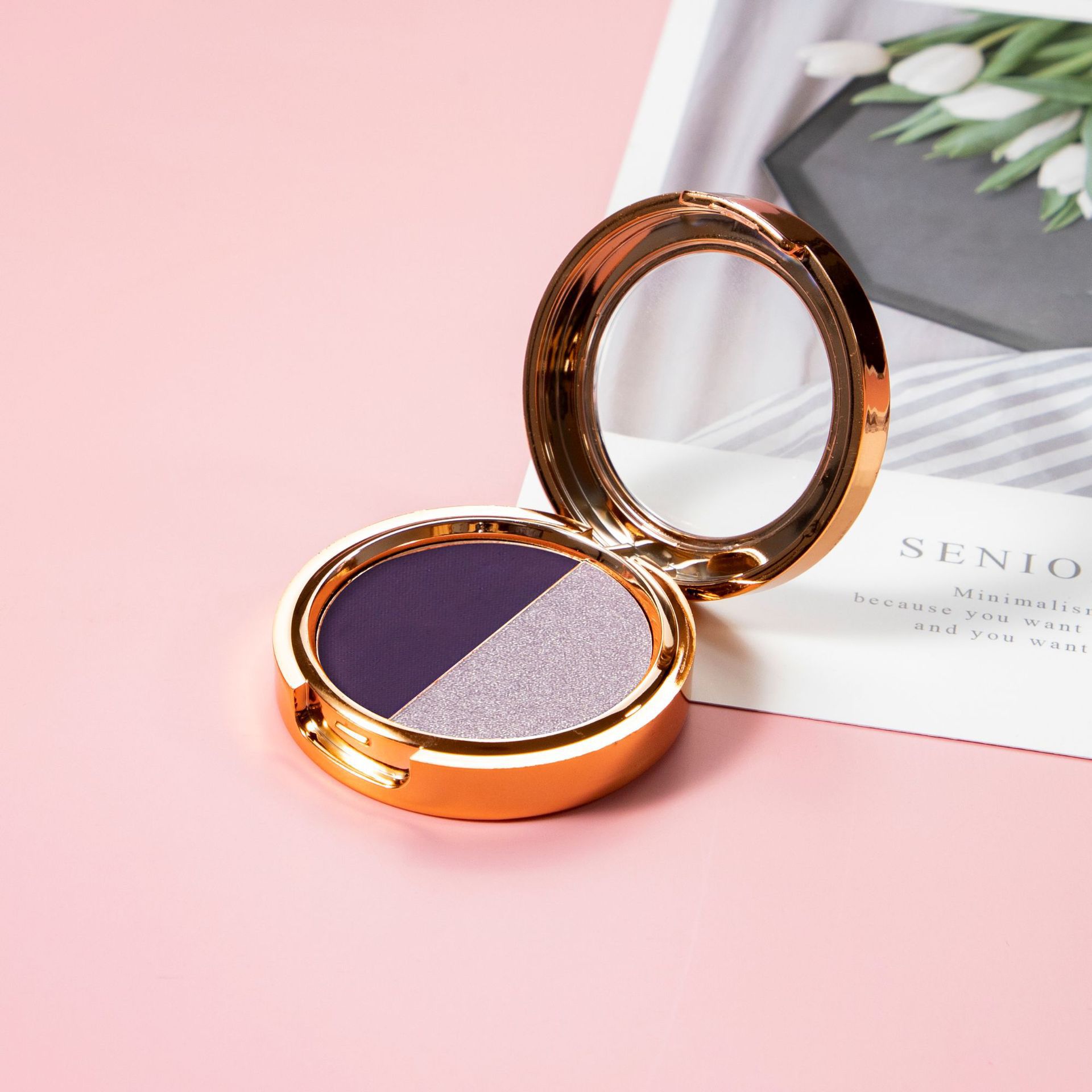 Maquillaje transfronterizo, sombra de ojos de dos colores, combinación de acabado nacarado en uno, paleta de sombras de ojos en polvo delicada y no voladora, multiusos