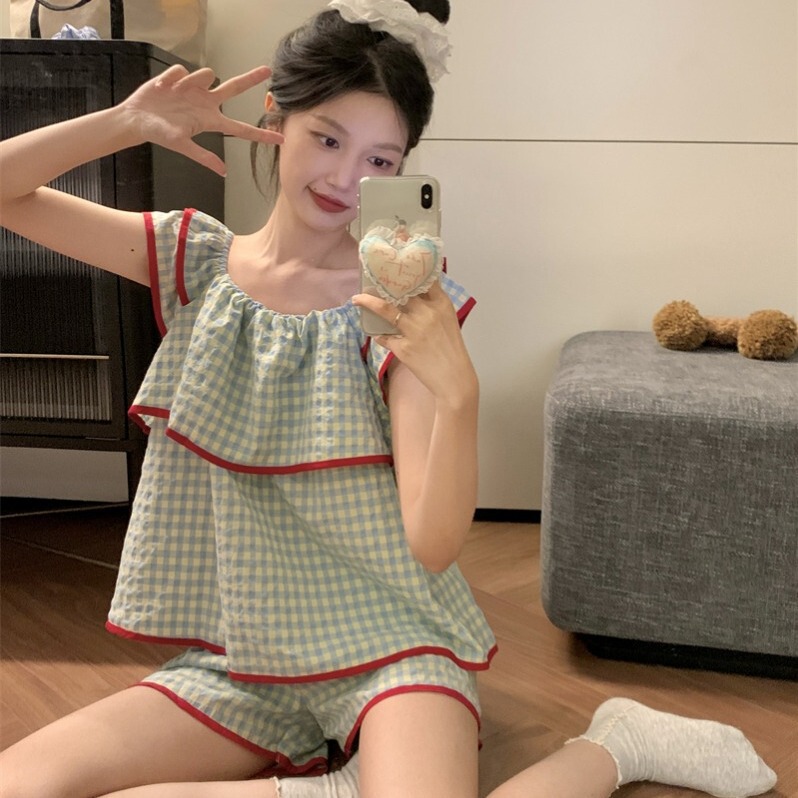 Pajamas Women's Summer Short-sleeved Shorts Korean Style Sweet Ruffled Contrast Color Plaid Home Clothes suit Thin for Students