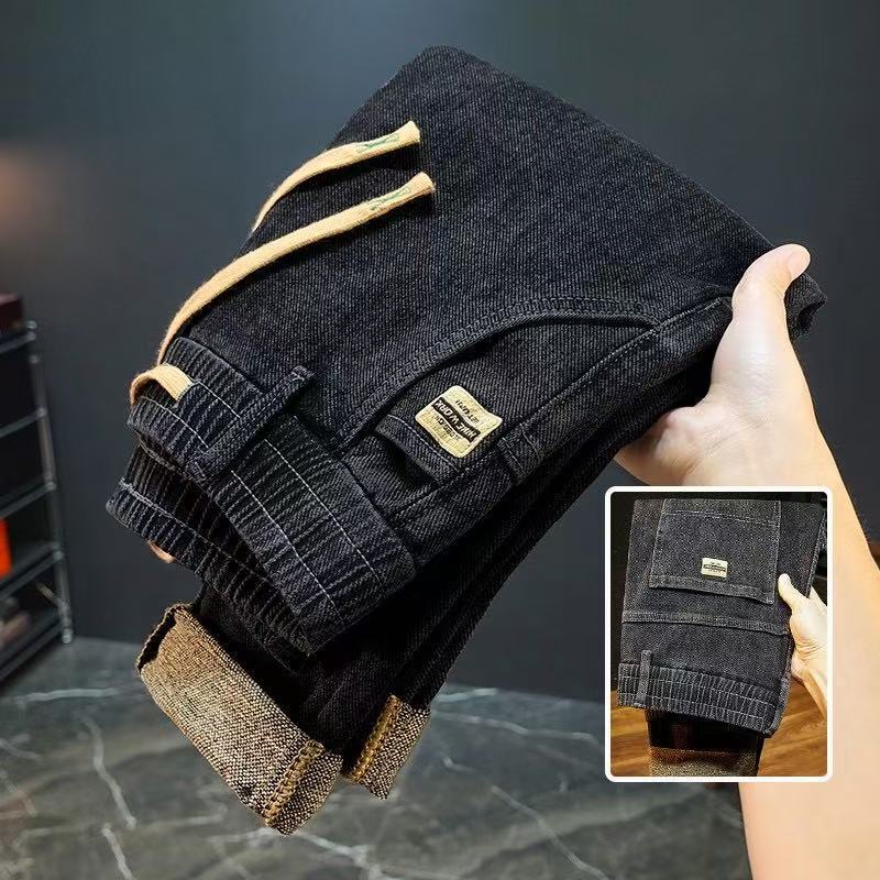 Cross-Border Spring and Autumn Elastic Waistband Men's Tapered Work Jeans Fashion Trendy Versatile Slim-Fit Pants for Men