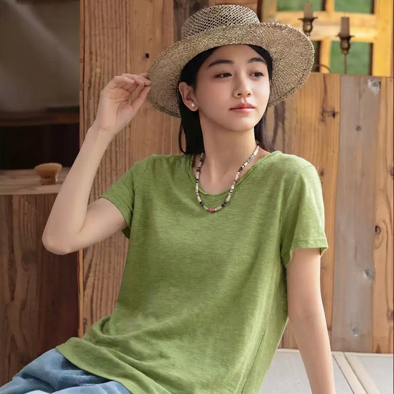 Spring and Summer Jacquard Bamboo Hemp Cotton Raw Edge V-Neck Skin-Friendly Sweat-Absorbent Casual Summer Short-Sleeved Women's T-Shirt Fsy60148