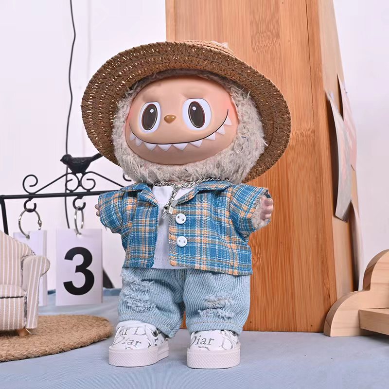 1/3 Generation Labubu Doll Clothes Doll Clothes 17Cmlabubu Baby Clothes Plaid Shirt Ripped Jeans