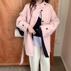 格纹卷边袖口立领风衣女秋季2025新款韩版宽松显瘦百搭中长款外套